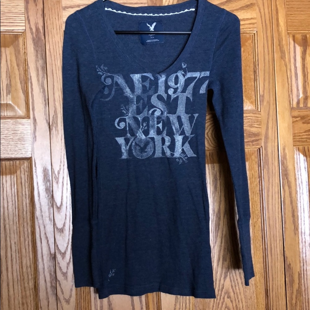 Blue American Eagle V-Neck Thermal Long Sleeve